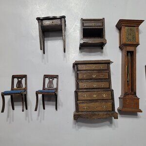 Vintage Dollhouse Wooden Furniture 10 Pc Lot Brown Chair Table Clock Drawers